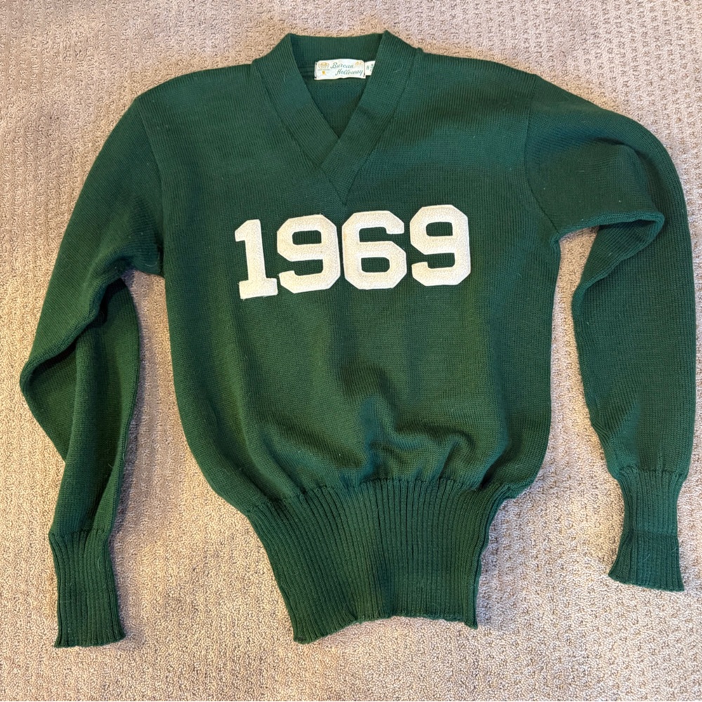 Holloway Men's Dark Green V-Neck Sweater with White 1969 Applique